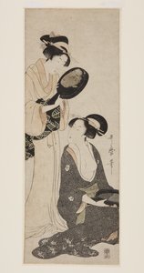 Zwei Damen, jede mit einem Teil eines lackierten Spiegels von Kitagawa Utamaro