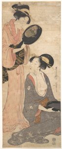 Zwei Damen, jede mit einem Teil eines lackierten Spiegels von Kitagawa Utamaro