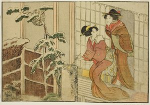 Zwei Frauen auf der Veranda an einem verschneiten Morgen, aus dem illustrierten Buch "Bilderbuch: Blumen der vier Jahreszeiten (Ehon shiki no hana)," Bd. 2 von Kitagawa Utamaro