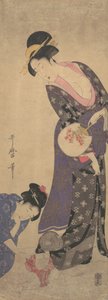 Zwei Frauen mit einem Baby, das auf dem Boden spielt von Kitagawa Utamaro