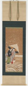 Zwei Mädchen unter einem Regenschirm im Schneesturm, 1753-1806 von Kitagawa Utamaro