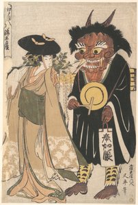 Wisteria-Mädchen mit einem Ōtsu-Dämon als wandernder Mönch verkleidet, aus der Serie Souvenir-Gemälde aus Ōtsu, in Edo gelagert (Edo Shi-ire Ōtsu Miyage) von Kitagawa Utamaro