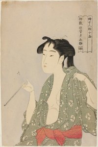 Frau, die Rauch aus einer Pfeife ausatmet, aus der Serie "Zehn Klassen der Physiognomie von Frauen (Fujo ninso juppon)" von Kitagawa Utamaro