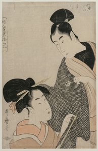 Frau misst den Mantel eines Mannes aus der Serie Zwölf Berufe der Frauen, späte 1790er Jahre von Kitagawa Utamaro