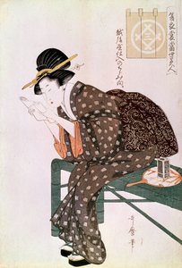 Frau liest. Hergestellt mit einem Krepp von Echigoya. Sommerensemble-Serie: Schönheiten unserer Zeit. Japanischer Druck von Utamaro Kitagawa (1753-1806). 1804-1806. Paris, Guimet Museum, Museum für asiatische Kunst von Kitagawa Utamaro