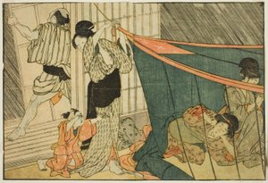 Frauen in einem Moskitonetz während eines Gewitters, aus dem illustrierten Buch "Bilderbuch: Blumen der vier Jahreszeiten (Ehon shiki no hana)," Bd. 1