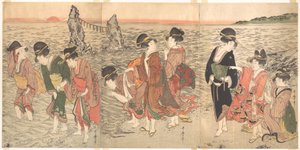 Frauen, die die aufgehende Sonne zwischen den Zwillingsfelsen von Ise anbeten von Kitagawa Utamaro