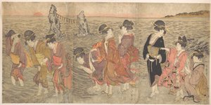 Frauen, die die aufgehende Sonne zwischen den Zwillingsfelsen von Ise verehren von Kitagawa Utamaro