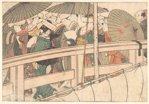 Frauen auf einer Brücke, aus dem illustrierten Buch Blumen der vier Jahreszeiten von Kitagawa Utamaro