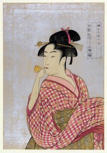 Junge Frau, die eine Glasröhre bläst, aus der Serie Zehn Typen im physiognomischen Studium der Frauen von Kitagawa Utamaro