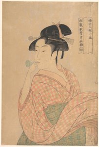 Junge Frau, die ein Popen (Glasgeräuschmacher) bläst, aus der Serie „Zehn Klassen der Physiognomie von Frauen“ von Kitagawa Utamaro