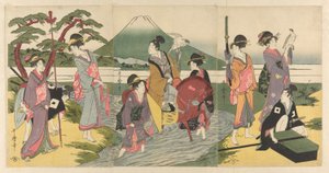 Junger Mann und seine Gruppe überqueren einen Bach vor dem Berg Fuji