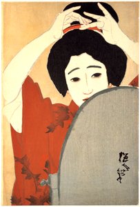 Frau, die ihr Haar vor dem Spiegel richtet, 1930