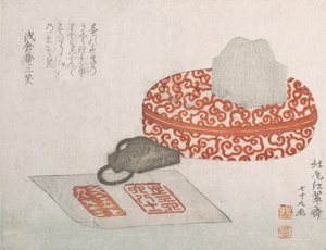 Siegel und ein geschnitzter Lackbehälter für Siegeltinte, 1817 von Kitao Shigemasa