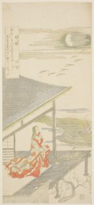 Der Dichter Ise, der zu einer Schar zurückkehrender Gänse aufblickt, aus einer unbetitelten Serie von acht Ansichten von Kitao Shigemasa