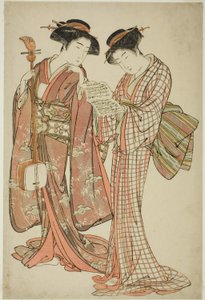 Zwei Geishas, die ein Shamisen und ein Liederbuch halten von Kitao Shigemasa