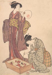 Zwei Frauen füttern Fische, 1739-1820 von Kitao Shigemasa