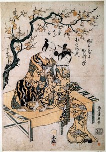 Japanische Kunst: Ein Musiker gibt einer jungen Frau eine Flötenstunde. Druck von Kiyohiro Torii (1737-1766) 18. Jahrhundert. Paris, B.N. von Kiyohiro Torii