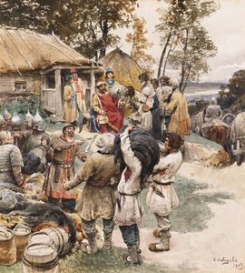 Poliudie Tribut sammeln. Igor von Kiew fordert Tribut von den Drewljanen, 1903 von Klavdiy Vasilievich Lebedev