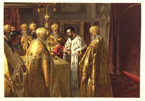 Die Krönungszeremonie von Nikolaus II. Die Eucharistie von Klavdiy Vasilievich Lebedev