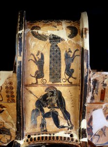Die François-Vase: Detail des Kraters mit schwarzen Figuren, die den toten Achilles zeigen, getragen von Ajax, hergestellt vom Töpfer Ergotimos und dem Maler Klitias. 570 v. Chr. Aus Siena. Florenz. Nationalmuseum für Archäologie. von Kleitias Kleitias