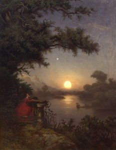 Frau auf der Terrasse, die den Mond betrachtet von Knud Andreassen Baade