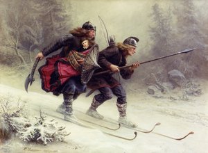 Soldaten für den norwegischen König Sverre, Torstein Skevla und Skjervald Skrukka tragen den Königssohn Hakon Hakonsson