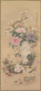 Vase mit Blumen, Heuschrecke, Meeresleben und Gartenfelsen, hängende Schriftrolle, späte 1800er