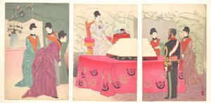Illustration der Kaiserin, die das Hauptquartier des Generalstabs besucht [um ein Tablett mit Verbänden zu überreichen] von Kobayashi Kiyochika
