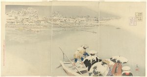 Zweiter Monat: Matsuchi-Hügel im Schnee bei Dämmerung, aus der Serie "Wahre Ansichten berühmter Orte in Tokio" von Kobayashi Kiyochika