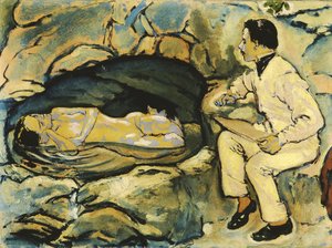 Selbstporträt, Zeichnung mit Meerjungfrau in der Felsengrotte, 1914 von Koloman Moser