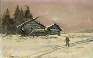 Winterlandschaft mit zwei Holzhütten