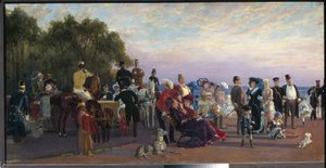 Auf der Spitze der Wassiljewski-Insel, Strelka. Versammlung von Aristokraten an einem Sommerabend. von Konstantin Apollonovich Savitsky