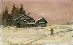 Winterlandschaft mit zwei Holzhütten, frühes 20. Jahrhundert