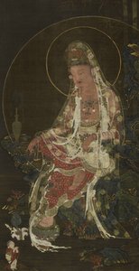 Hängende Schriftrolle, die einen Weidenzweig-Bodhisattva Avalokiteshvara (Kwanseûm Posal) im Paradiesgarten zeigt, Koryô-Dynastie