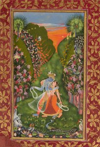 Radha und Krishna spazieren in einem blühenden Hain recto, Krishna flötend verso von Kota Master