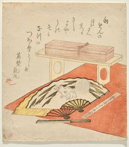 Fächerbemalung von Hase und Mond, auf einer roten Filzdecke von Kubo Shunman