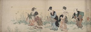 Vier Mädchen und ein Diener genießen Wildblumen und Schmetterlinge von Kubo Shunman