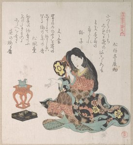 Dame, die eine Handtrommel (Tzusumi) neben dem Räuchergefäß schlägt von Kubo Shunman
