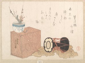 Stillleben: eine Trommel und ein Bücherregal für den Noh-Tanz von Kubo Shunman