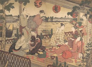 Zwei junge Männer und mehrere Frauen, die in einem Teehaus am Ufer des Sumida-Flusses speisen, ca. 1788