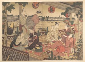 Zwei junge Männer und mehrere Frauen beim Essen in einem Teehaus am Ufer des Sumida-Flusses von Kubo Shunman