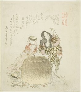 Frau und zwei Jungen sammeln Abalone, aus der Serie "Das Tosa-Tagebuch (Tosa nikki)" von Kubo Shunman