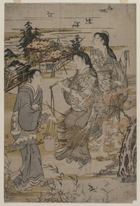 Frauen mit Salzfässern; Der Noda Tama Fluss in der Provinz Mutsu, aus einer unbetitelten Serie der Sechs Tama Flüsse