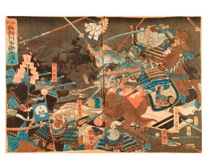 Die große Schlacht von Kawanakajima zwischen zwei Generälen, ca. 1859-71 (Holzschnitt auf Papier)