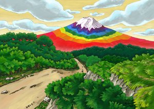 Eine Straße und regenbogenfarbener Berg Fuji von Kunio Ota