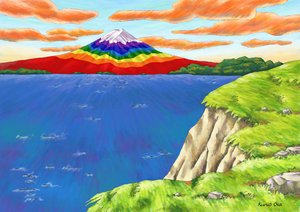 Regenbogenfarbener Berg Fuji über der Klippe, 2023 von Kunio Ota