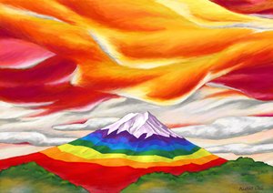 Regenbogenfarbener Berg Fuji umgeben von Rot und Orange von Kunio Ota
