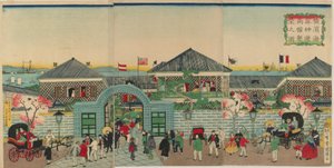Bild des Wohlstands der Handelsbetriebe entlang Nakadouri in Yokohama, Meiji-Ära, 1870 von Kuniteru II Utagawa