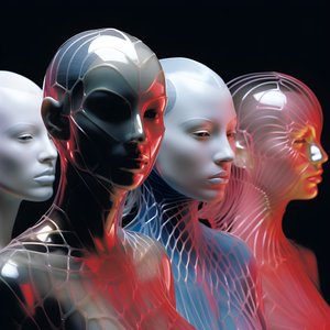 6 Frauen mit 3D parametrischen fluoreszierenden Plastikmasken in einer surrealen und parametrischen Zukunftsarchitektur